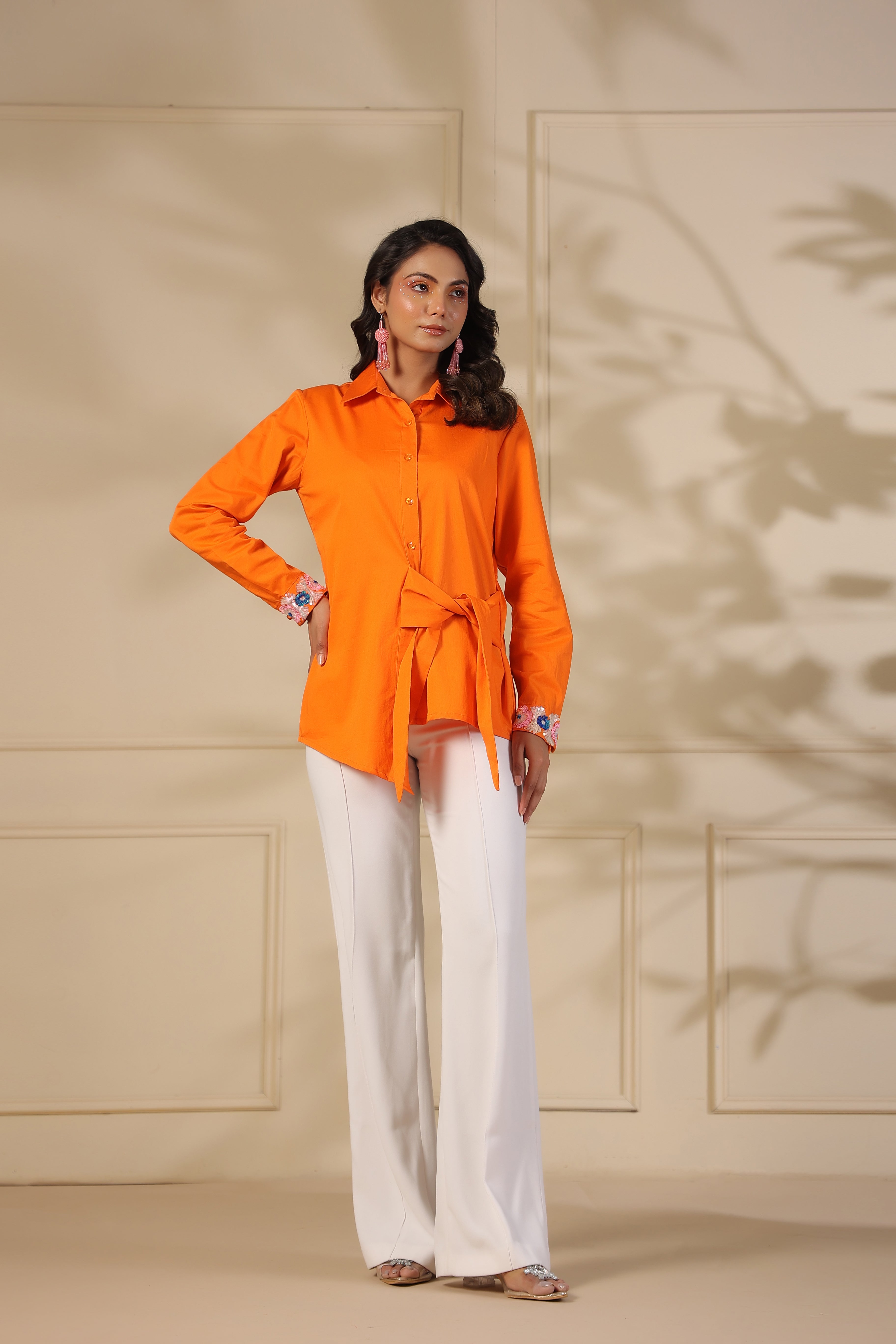 Orange Bar Sequin Knot Shirt