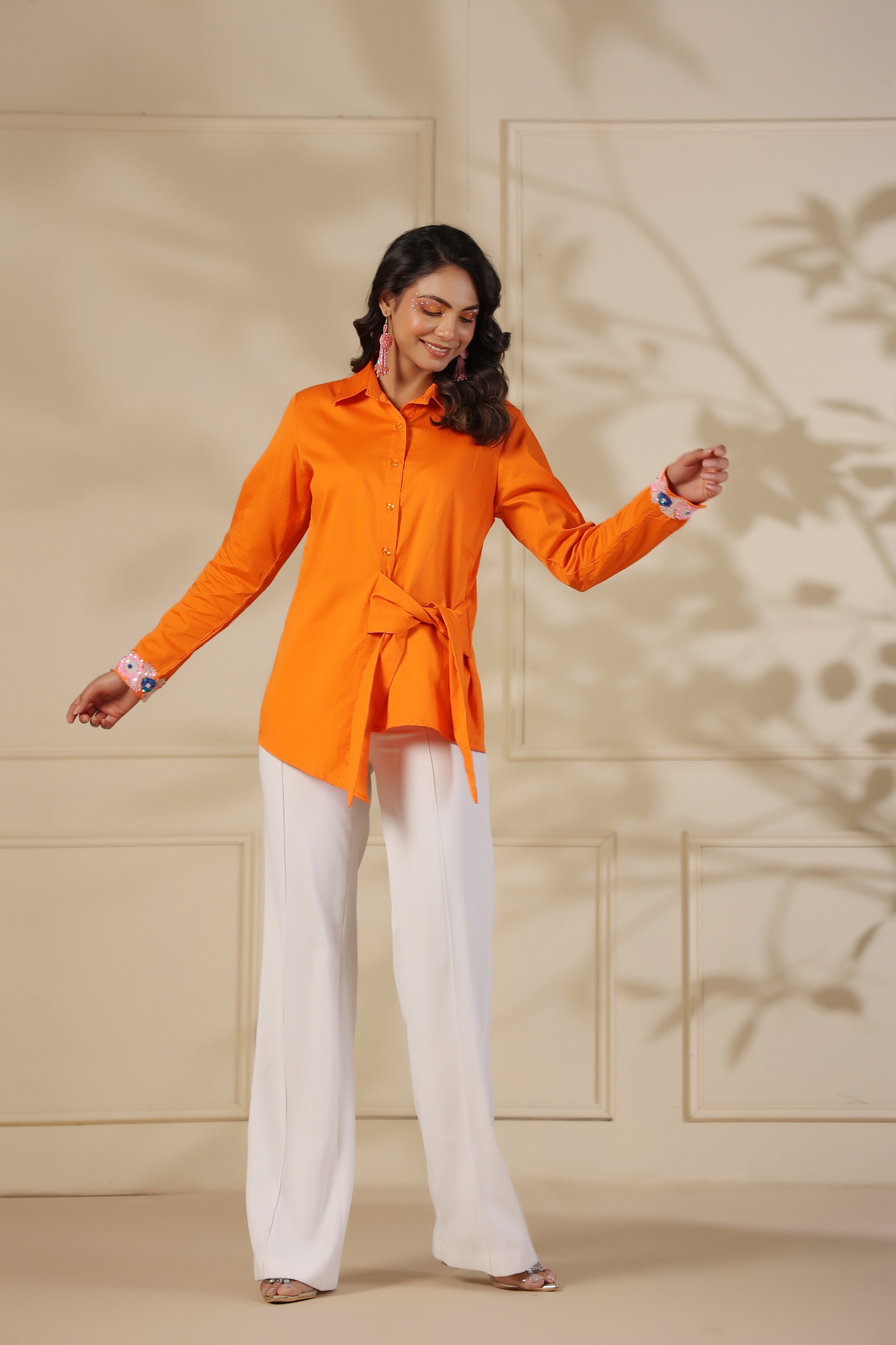 Orange Bar Sequin Knot Shirt