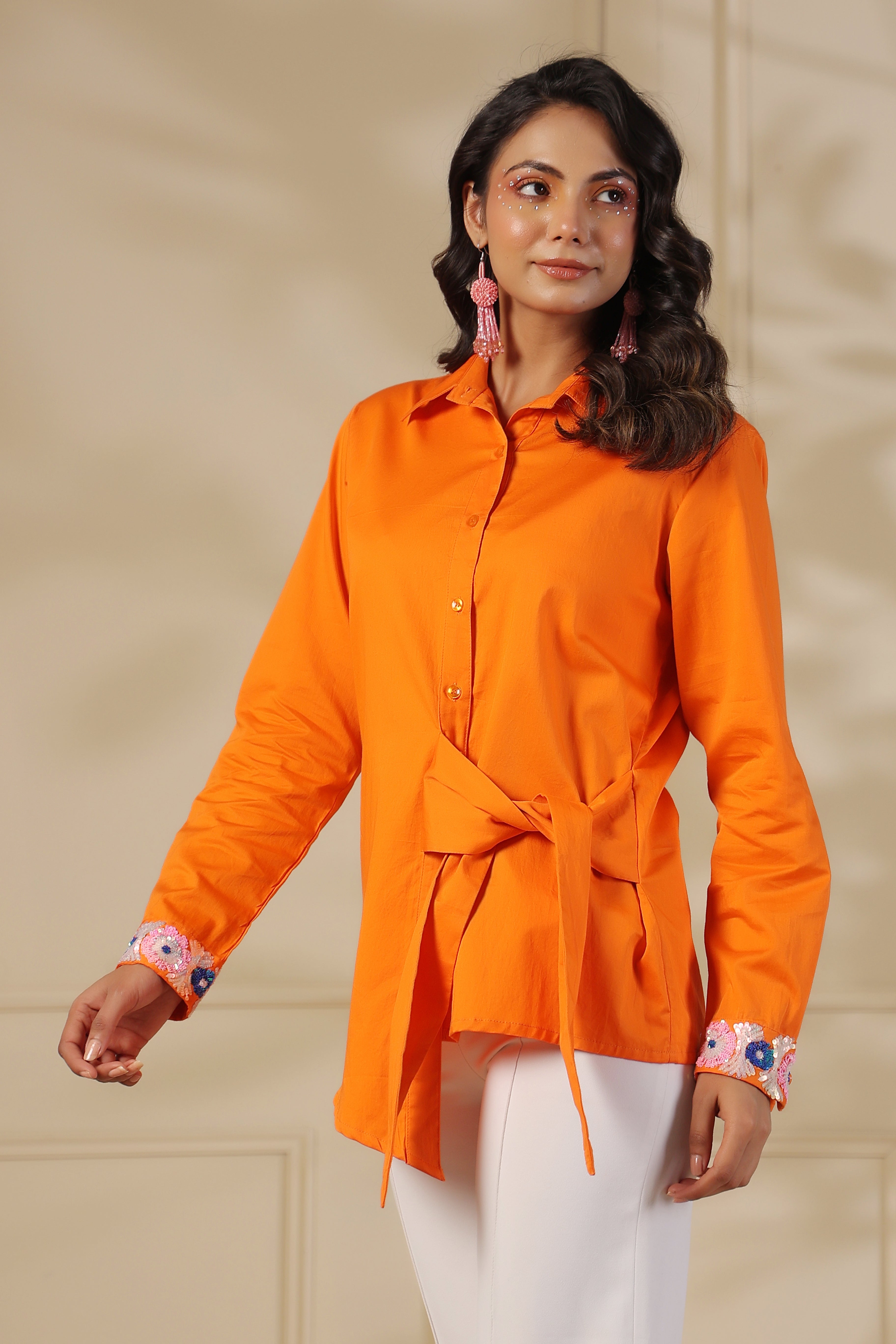 Orange Bar Sequin Knot Shirt