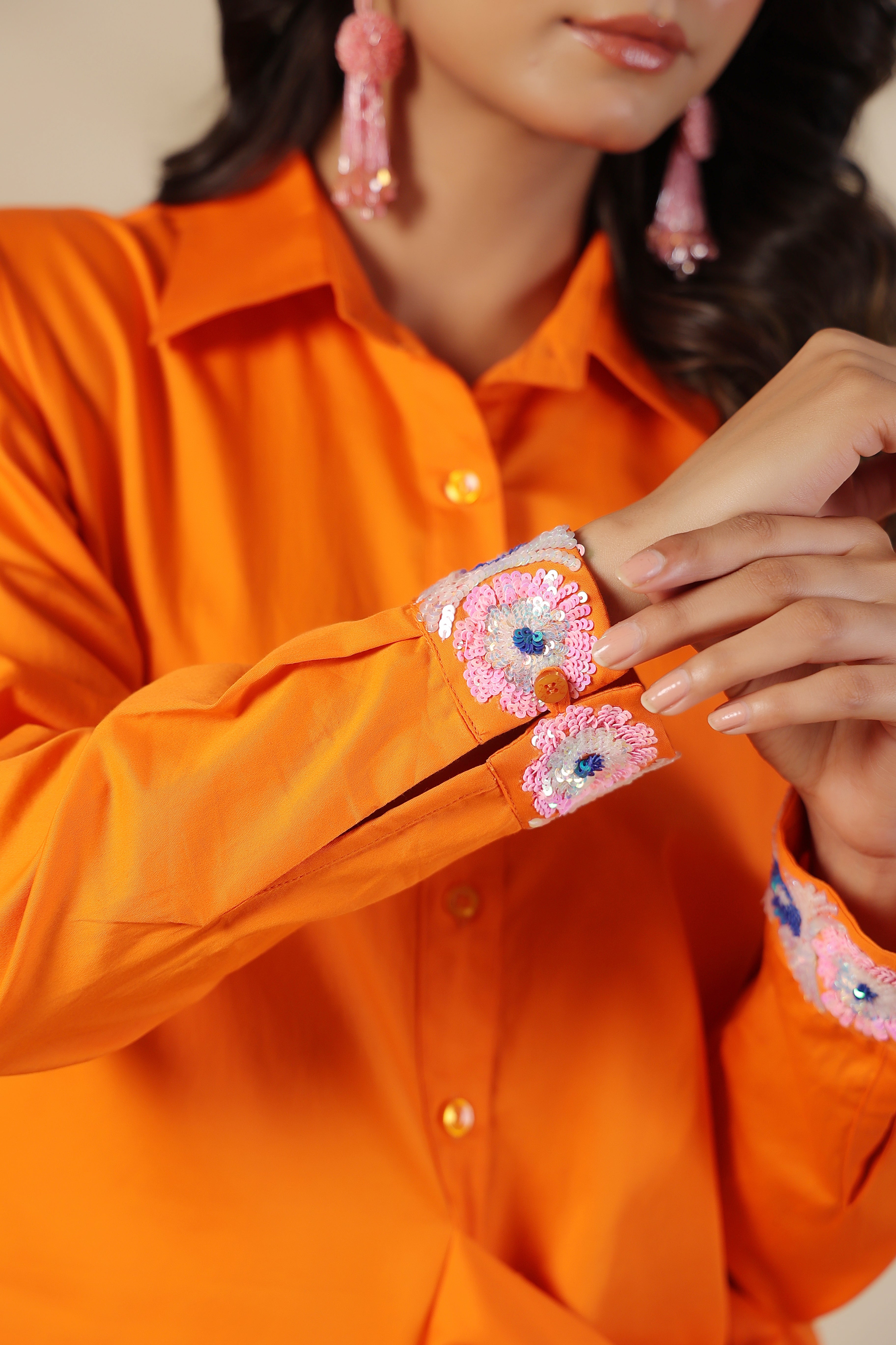 Orange Bar Sequin Knot Shirt