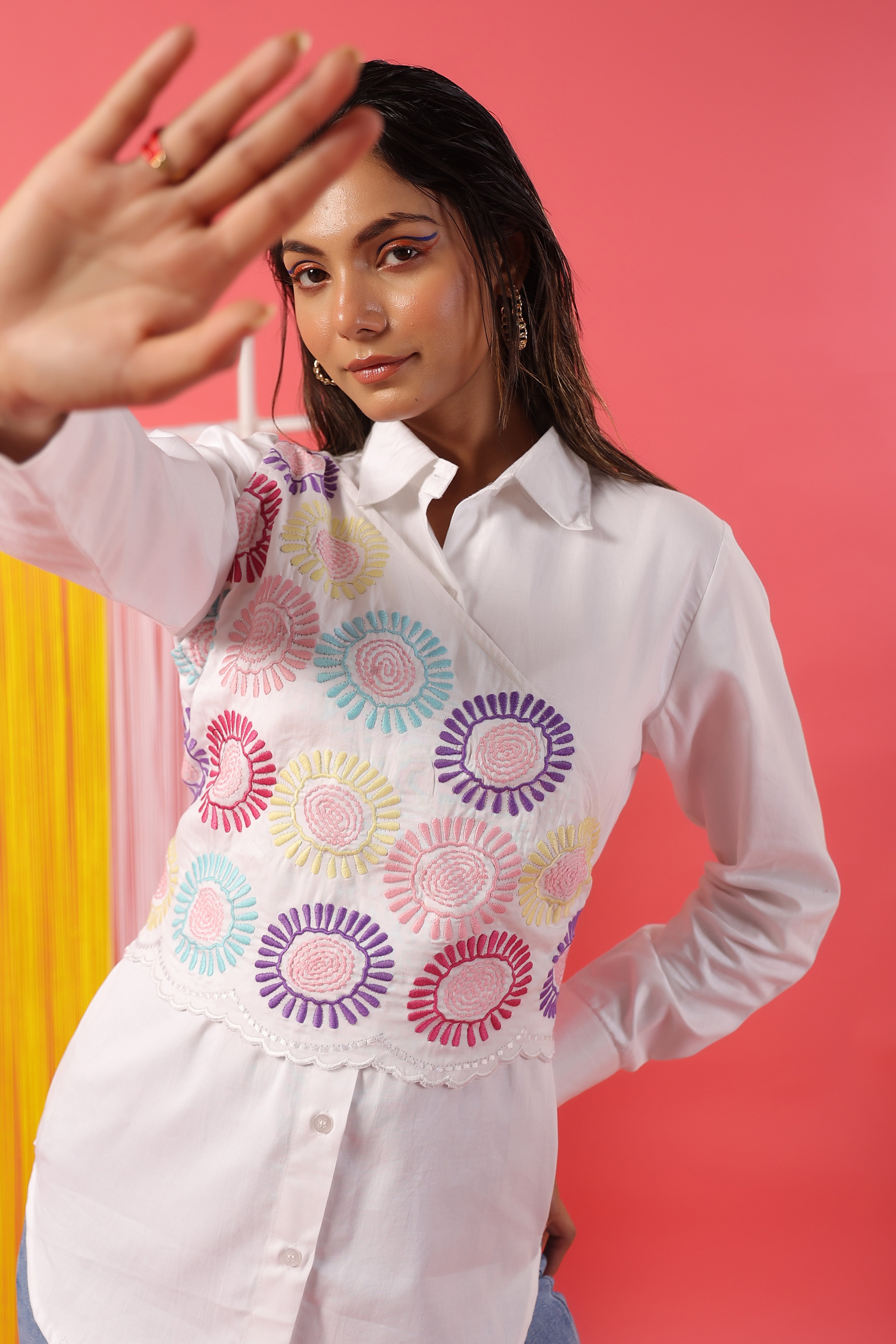 Rainbow Embroidered Tie-up Jacket Shirt