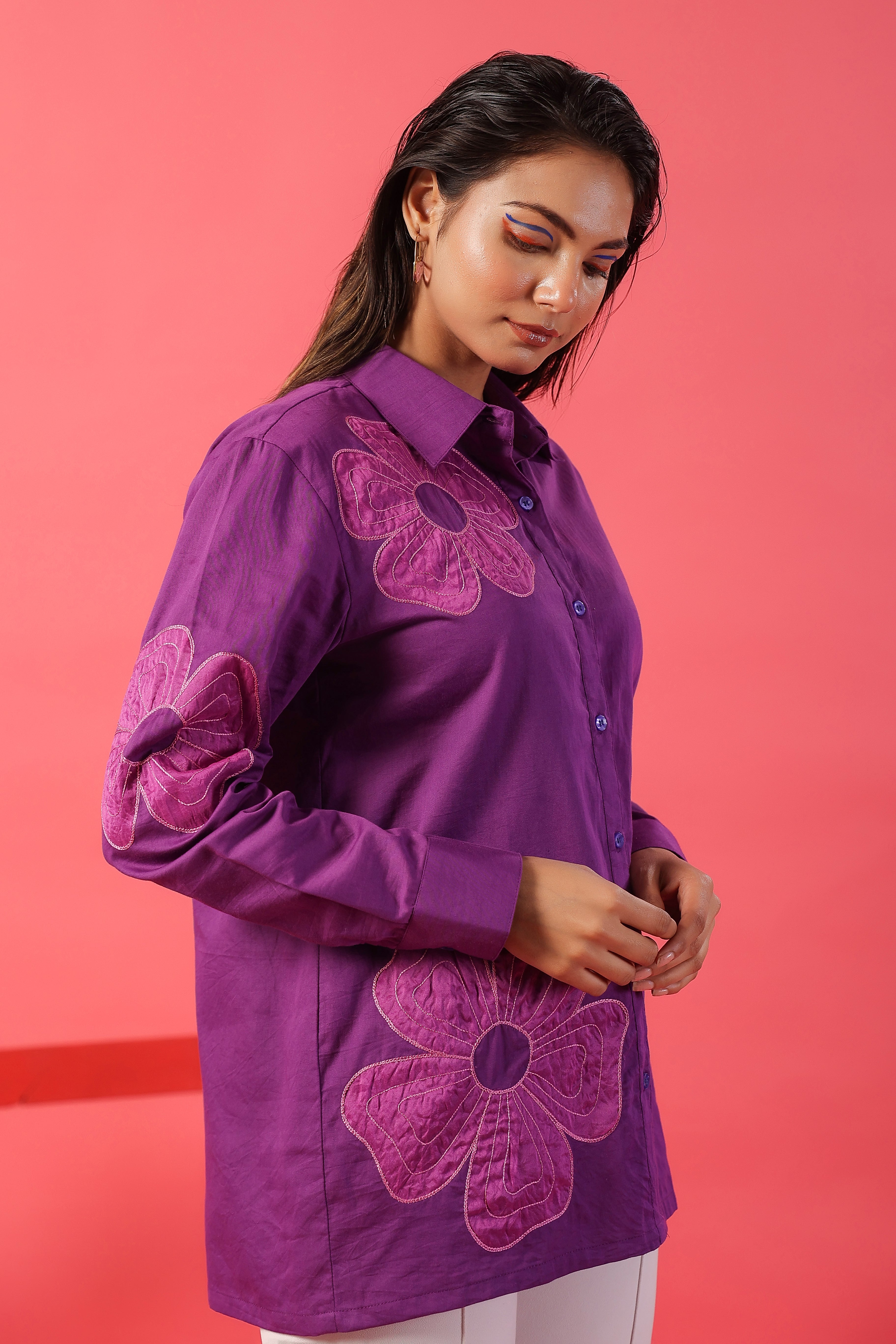 Midnight Blossom Organza Applique Shirt