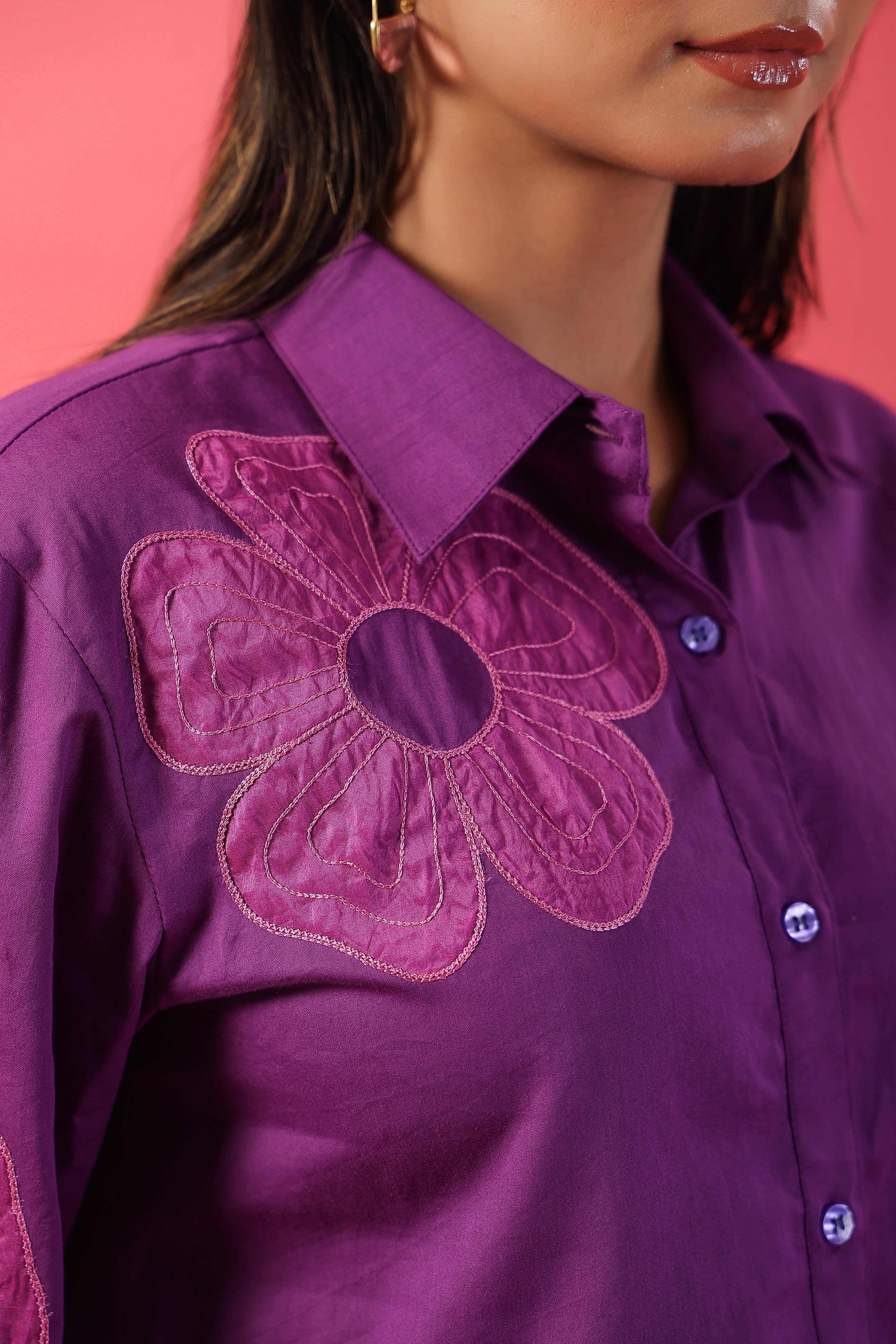 Midnight Blossom Organza Applique Shirt