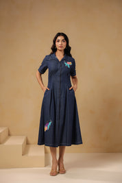 Denim Aqua Prism Midi Dress with side pockets, fitted waist and marine motif detailing