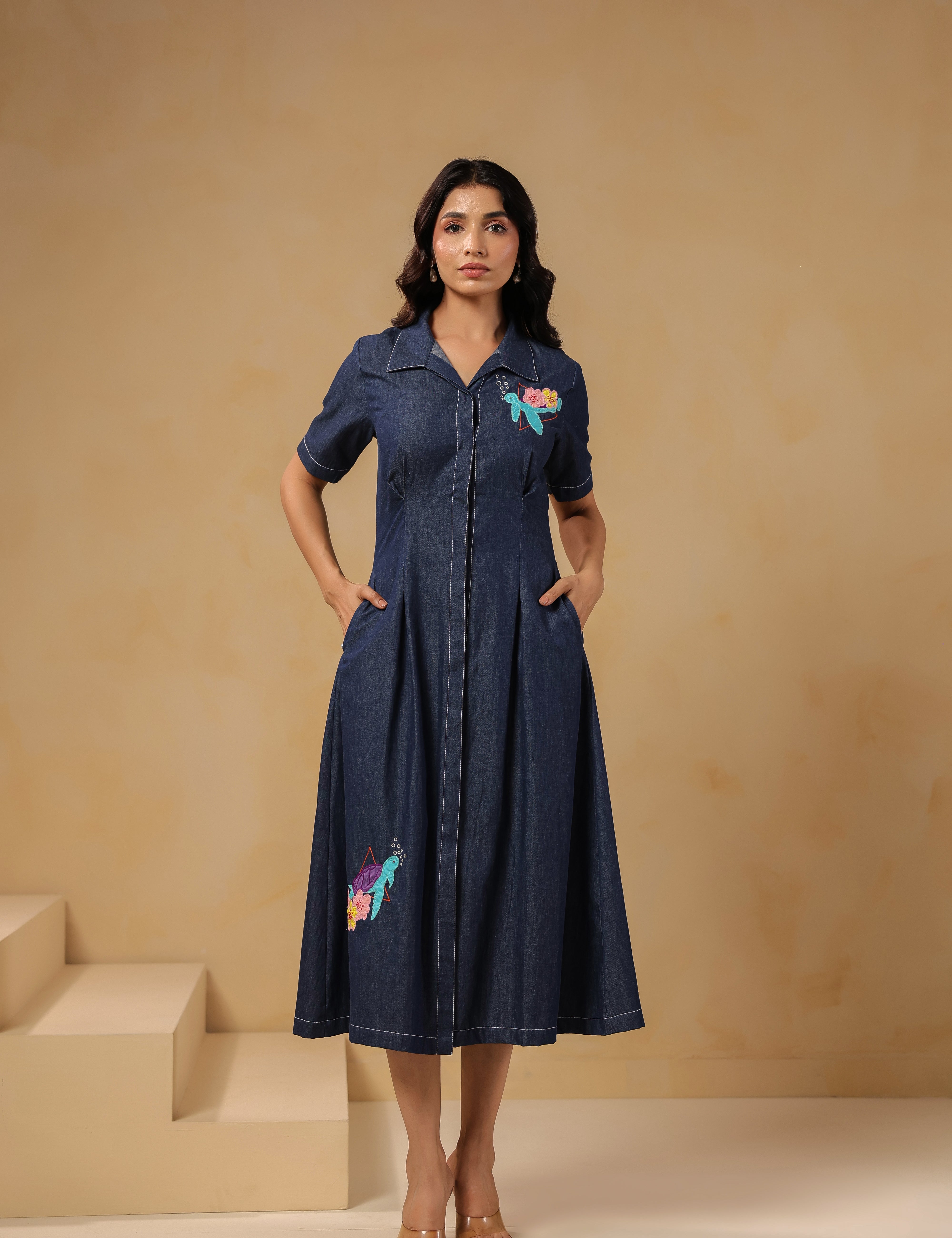 Denim Aqua Prism Midi Dress with side pockets, fitted waist and marine motif detailing