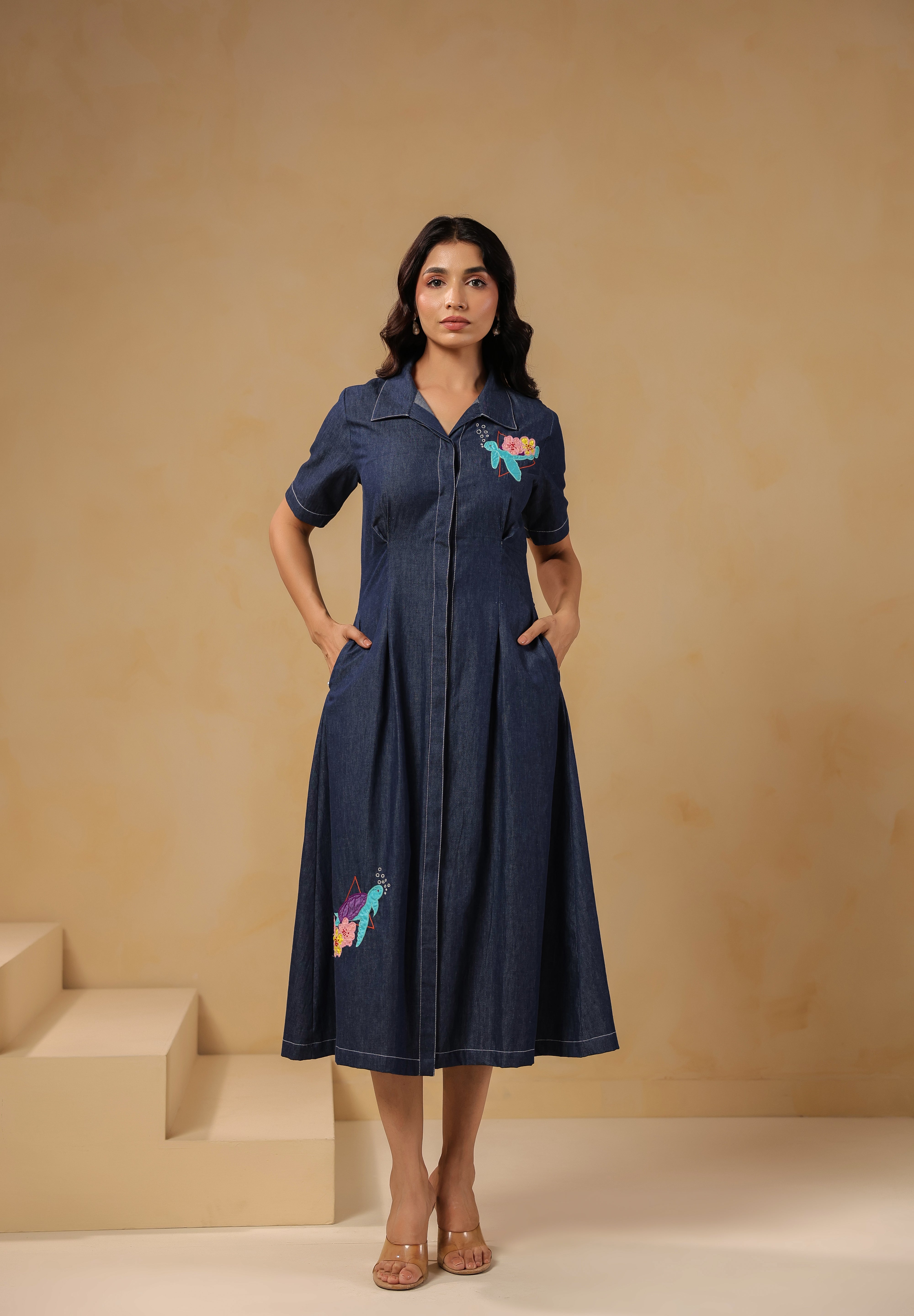 Denim Aqua Prism Midi Dress with side pockets, fitted waist and marine motif detailing