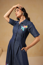 Aqua Prism Midi Dress side pose highlighting ocean-inspired turtle and floral embroidery