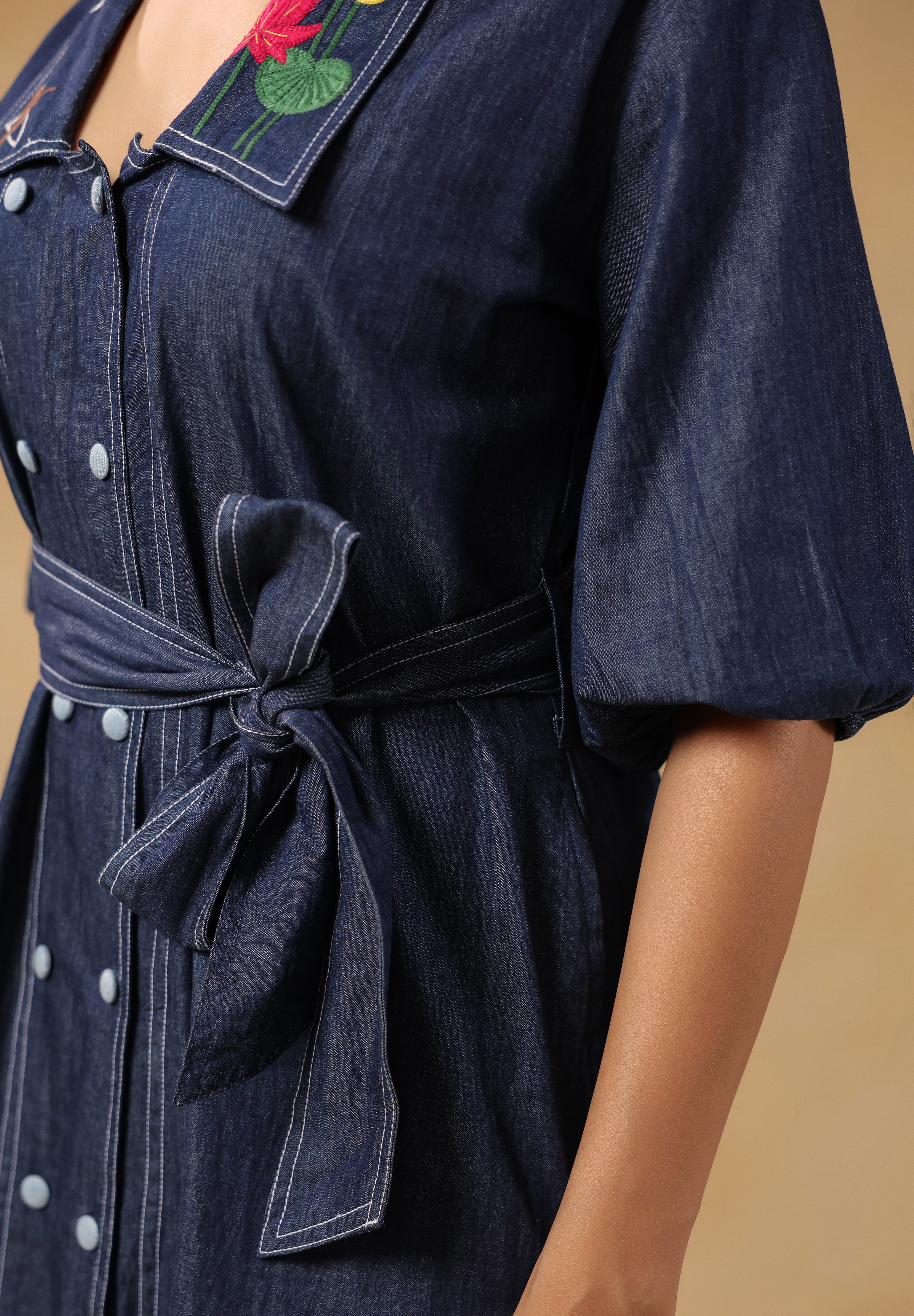 Waist tie knot detail of Aviary Belted Midi Dress