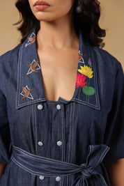 Bird and floral embroidery on Aviary Belted Midi Dress collar