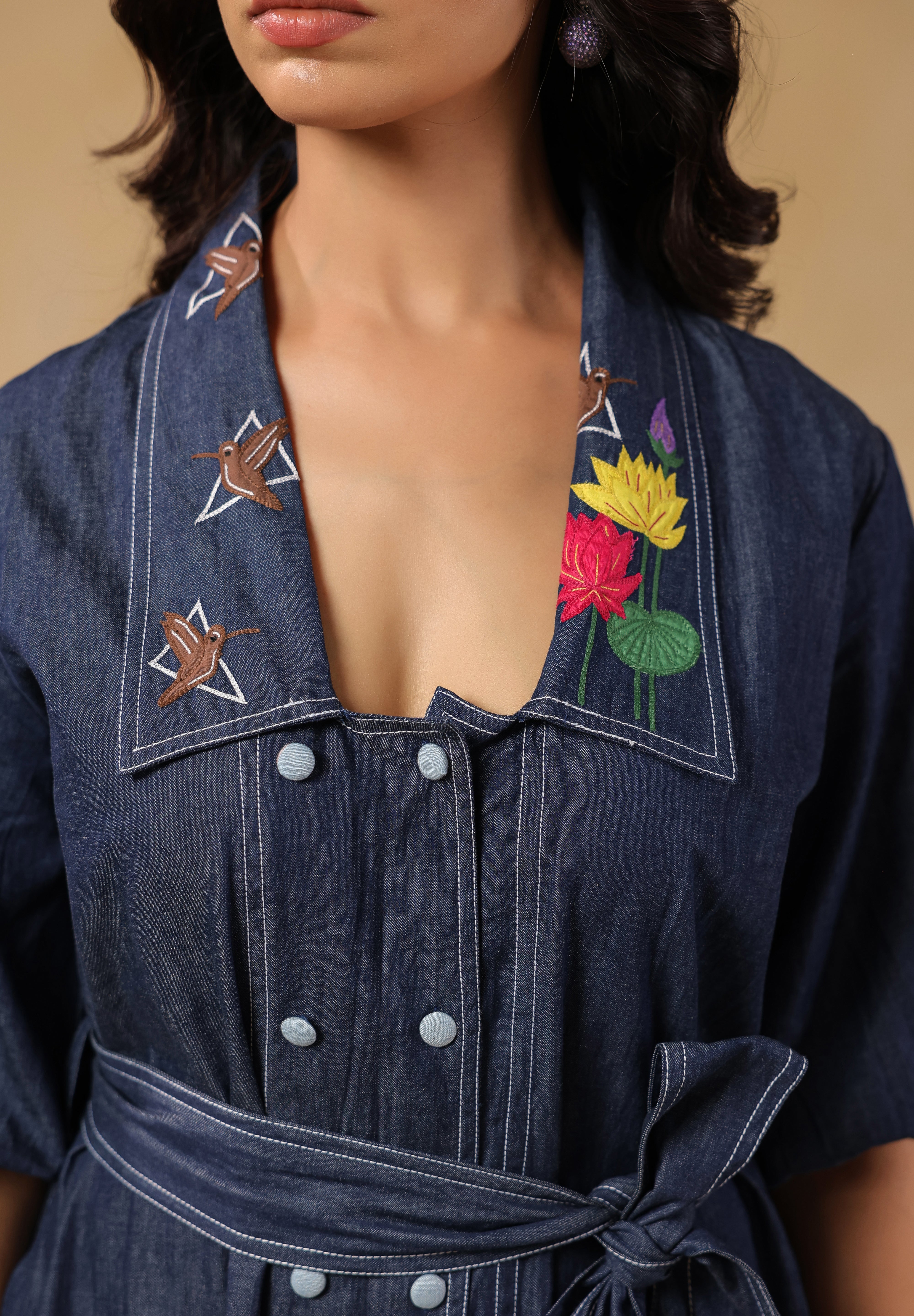 Bird and floral embroidery on Aviary Belted Midi Dress collar