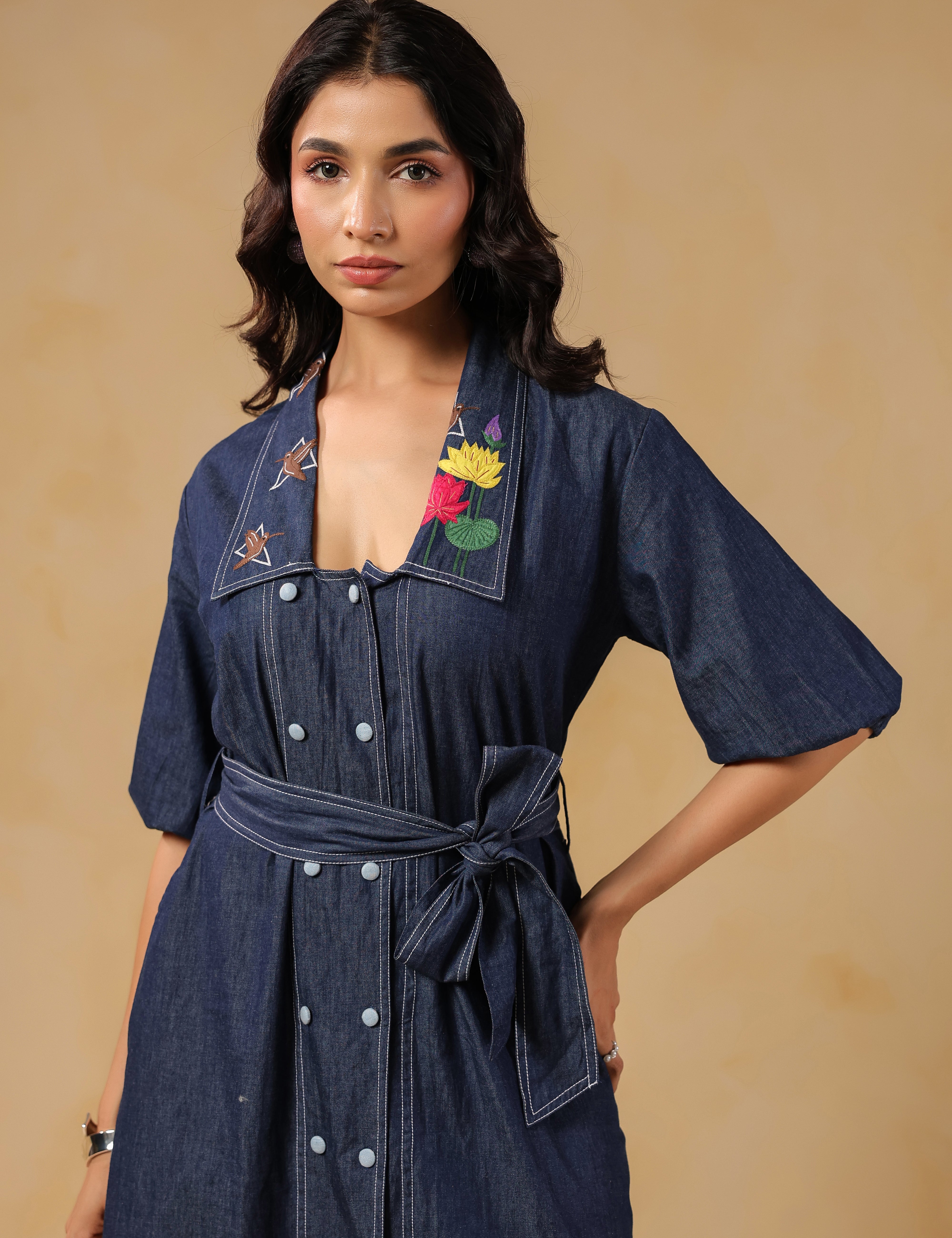 Collar embroidery details of Aviary Belted Midi Dress