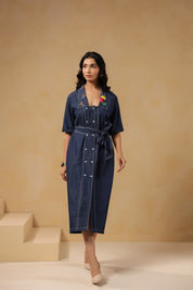 Aviary Belted Midi Dress in denim with bird embroidery front view