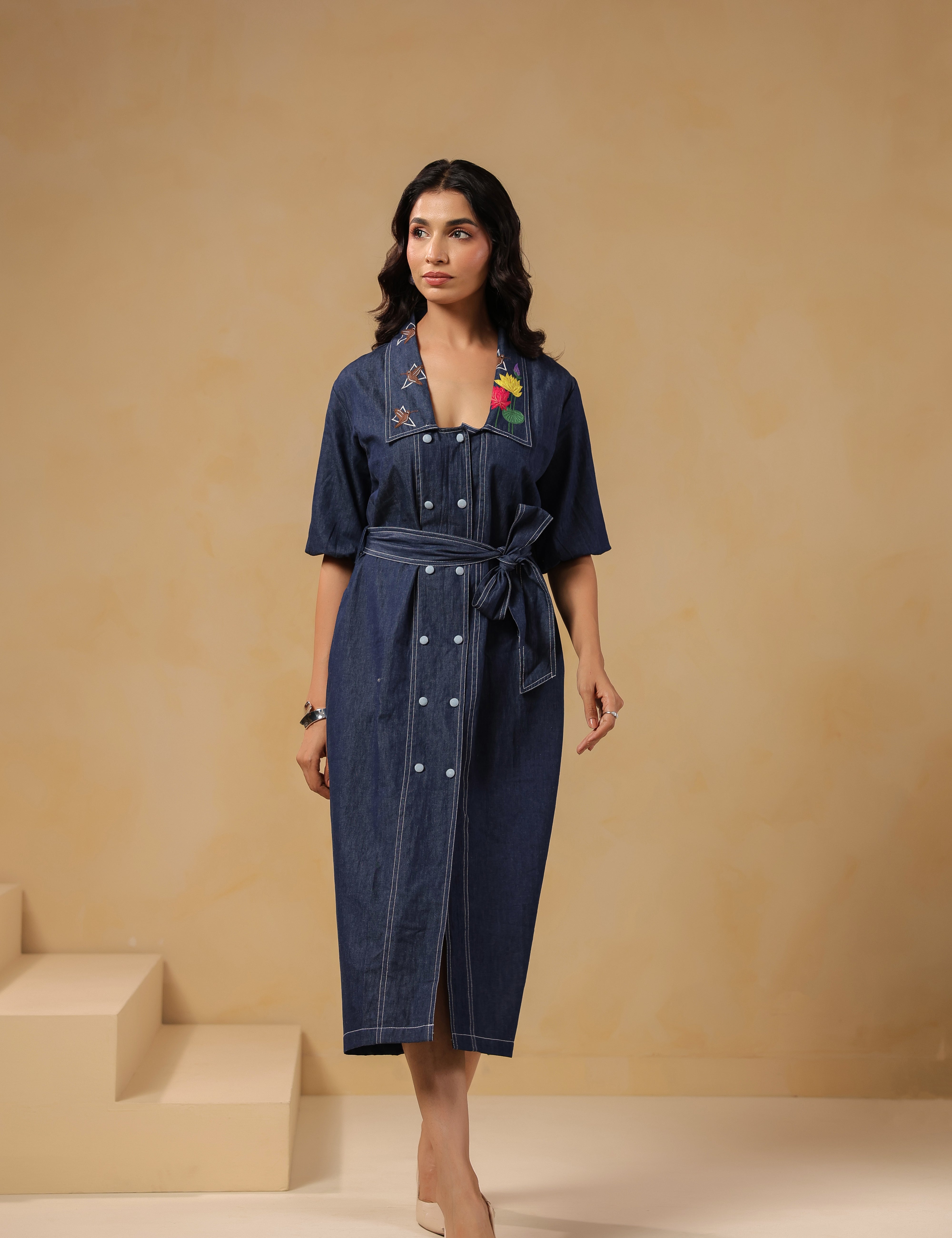 Aviary Belted Midi Dress in denim with bird embroidery front view