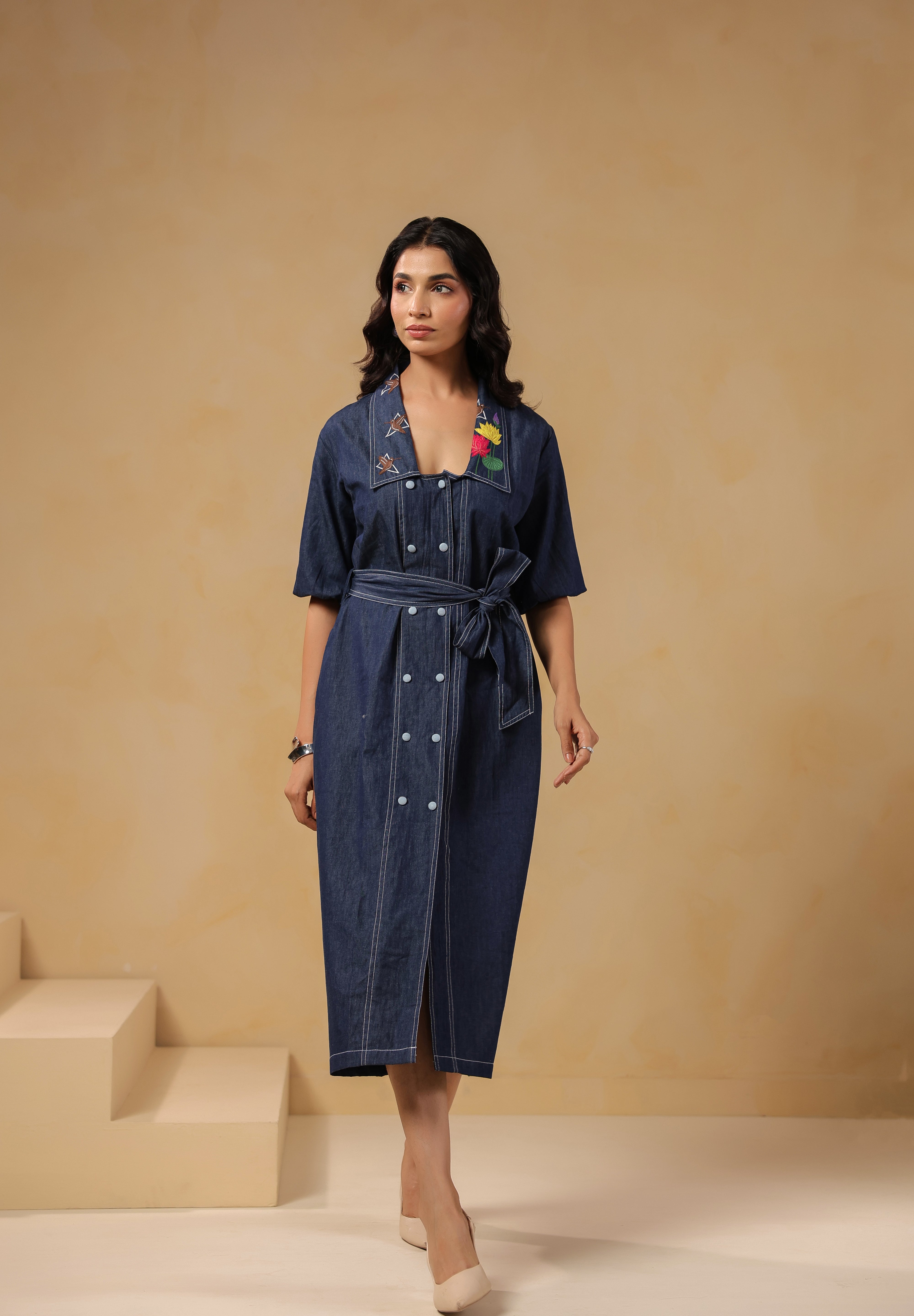 Aviary Belted Midi Dress in denim with bird embroidery front view