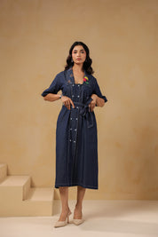 Full front pose of Aviary Belted Midi Dress in soft denim
