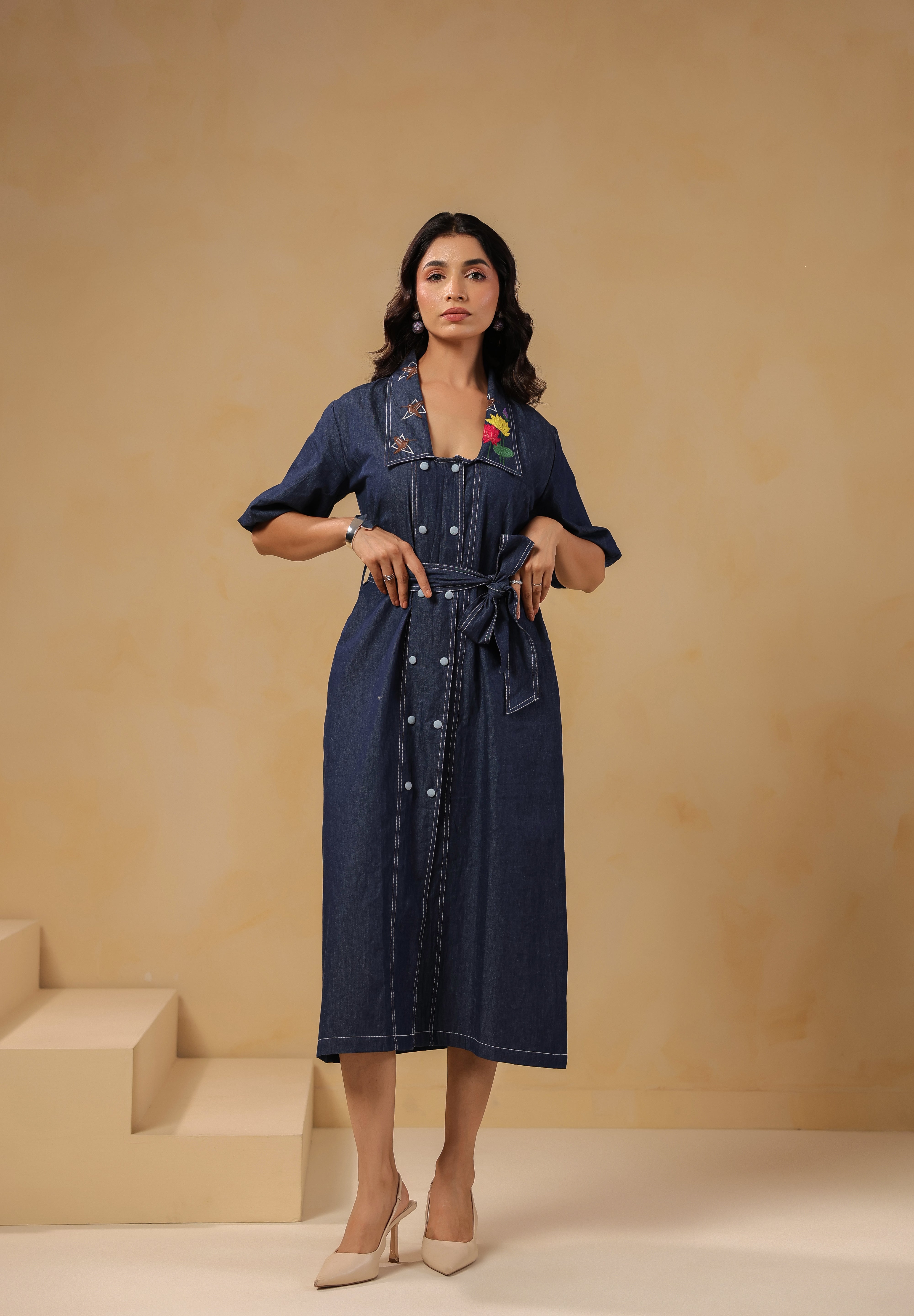 Full front pose of Aviary Belted Midi Dress in soft denim