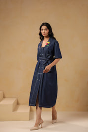 Side pose of Aviary Belted Midi Dress with waist tie