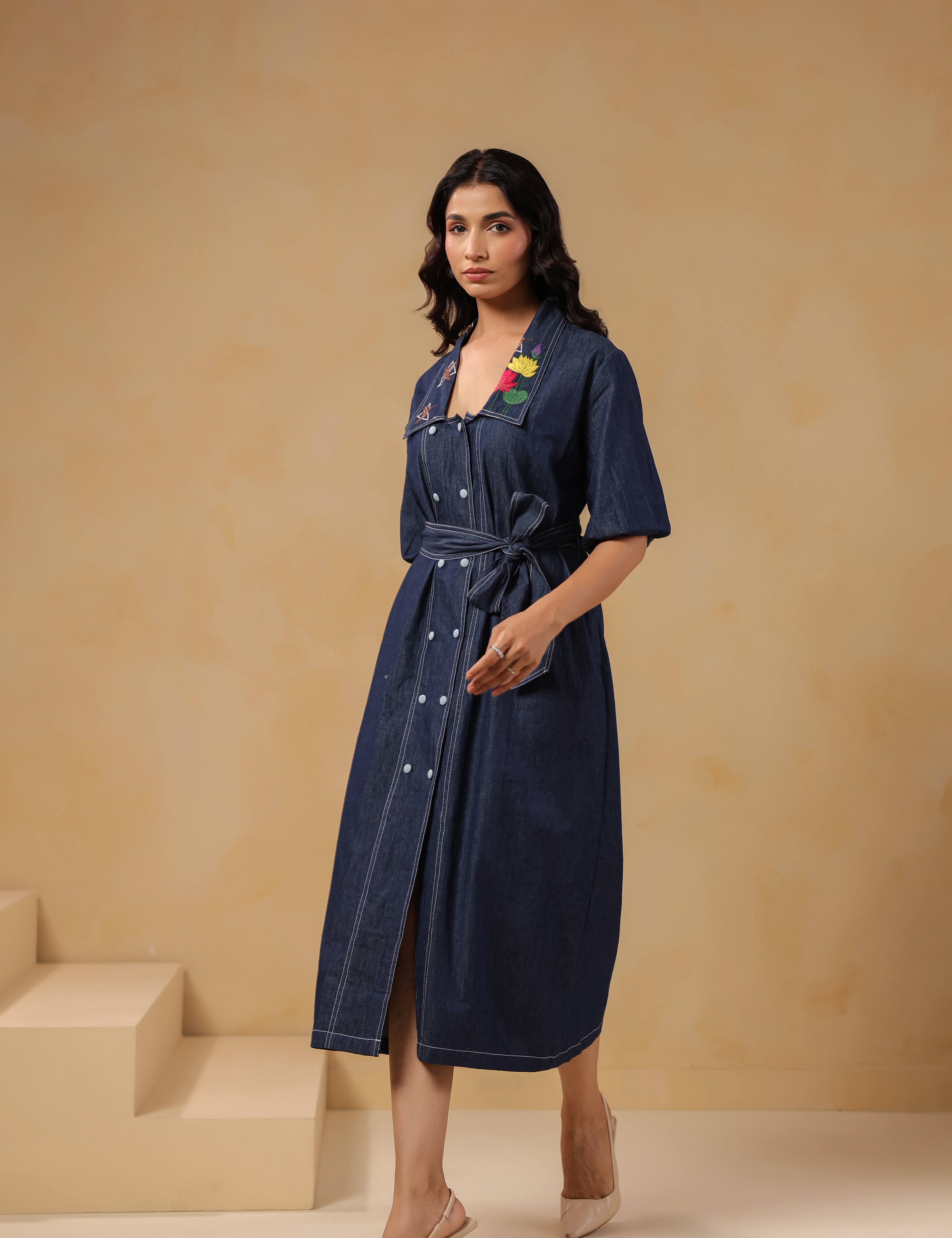 Side pose of Aviary Belted Midi Dress with waist tie