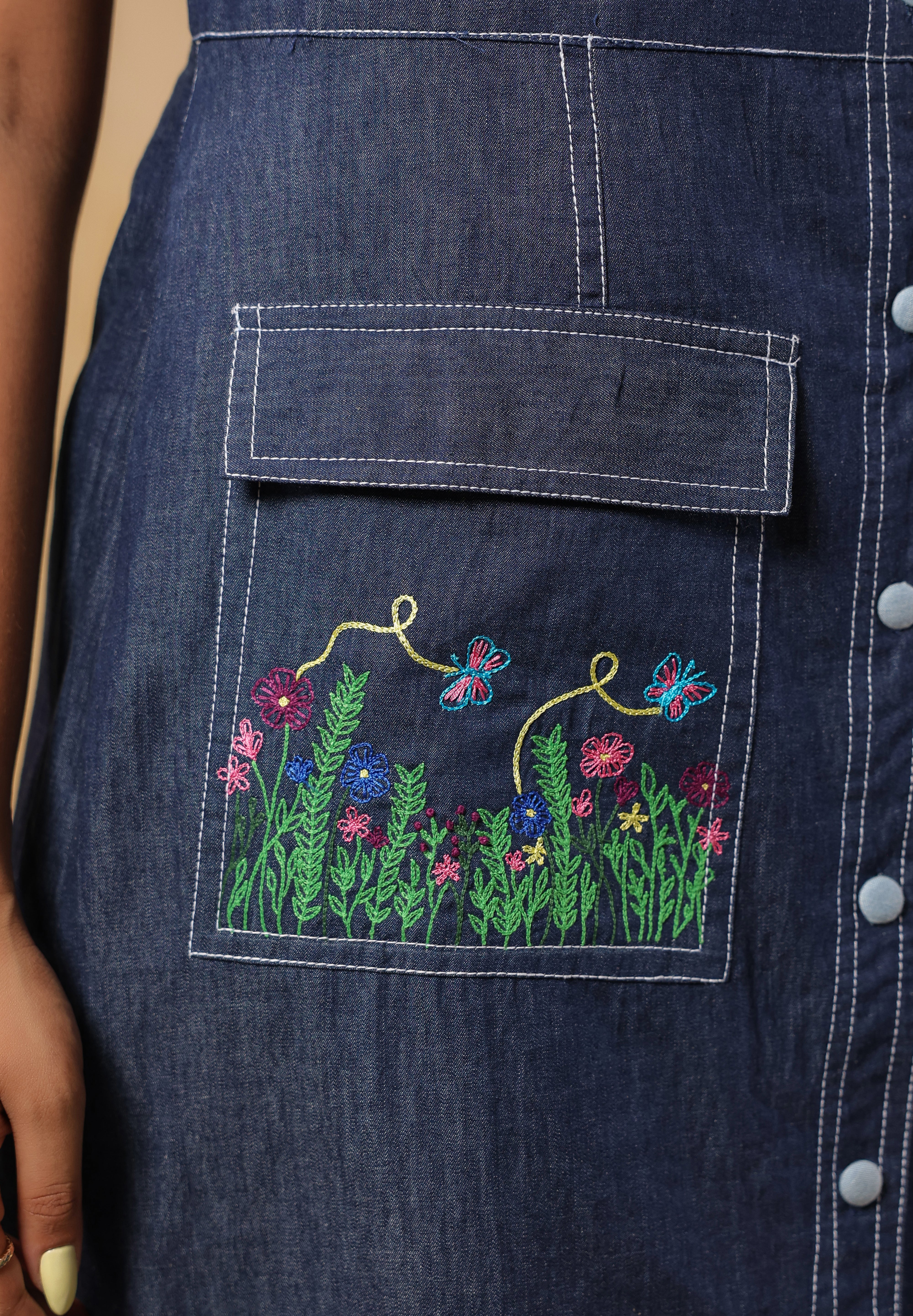 Detailed view of Bloom Trail Button Dress stitching and button finish