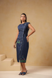 Front view of Bloom Trail Button Dress with floral embroidery and functional button-down design