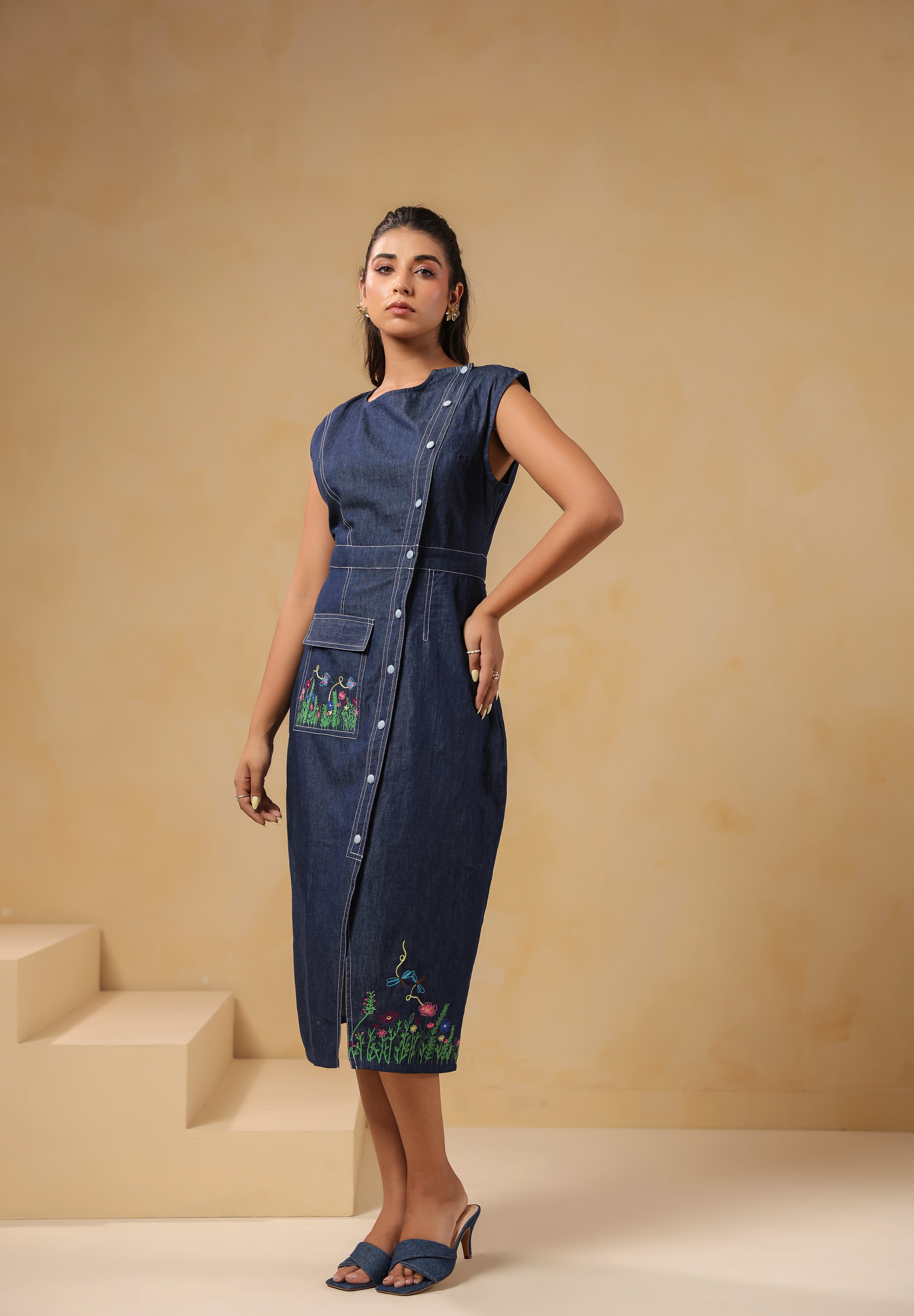 Front view of Bloom Trail Button Dress with floral embroidery and functional button-down design