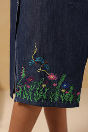 Floral embroidery detail on Bloom Trail Button Dress hem and pocket