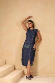 Styled look of Bloom Trail Button Dress with asymmetric buttons and floral details