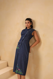 Relaxed pose in Bloom Trail Button Dress showcasing versatile denim silhouette