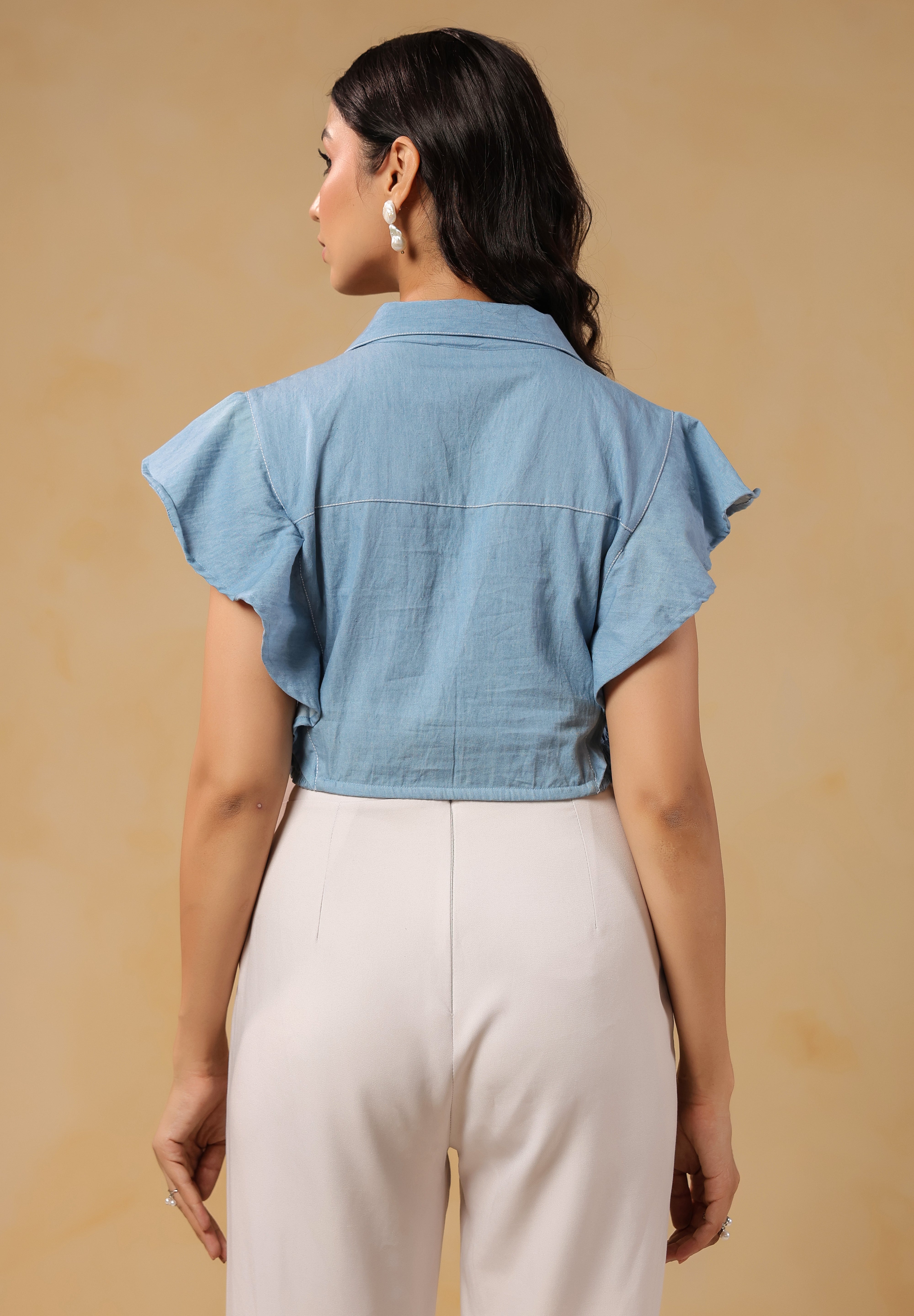 Back view of Flaminglow Crop Top showcasing flutter sleeves