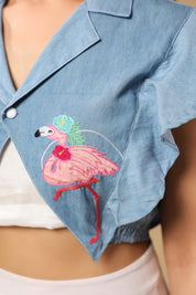 Detailed embroidery of flamingo motif on Flaminglow Crop Top