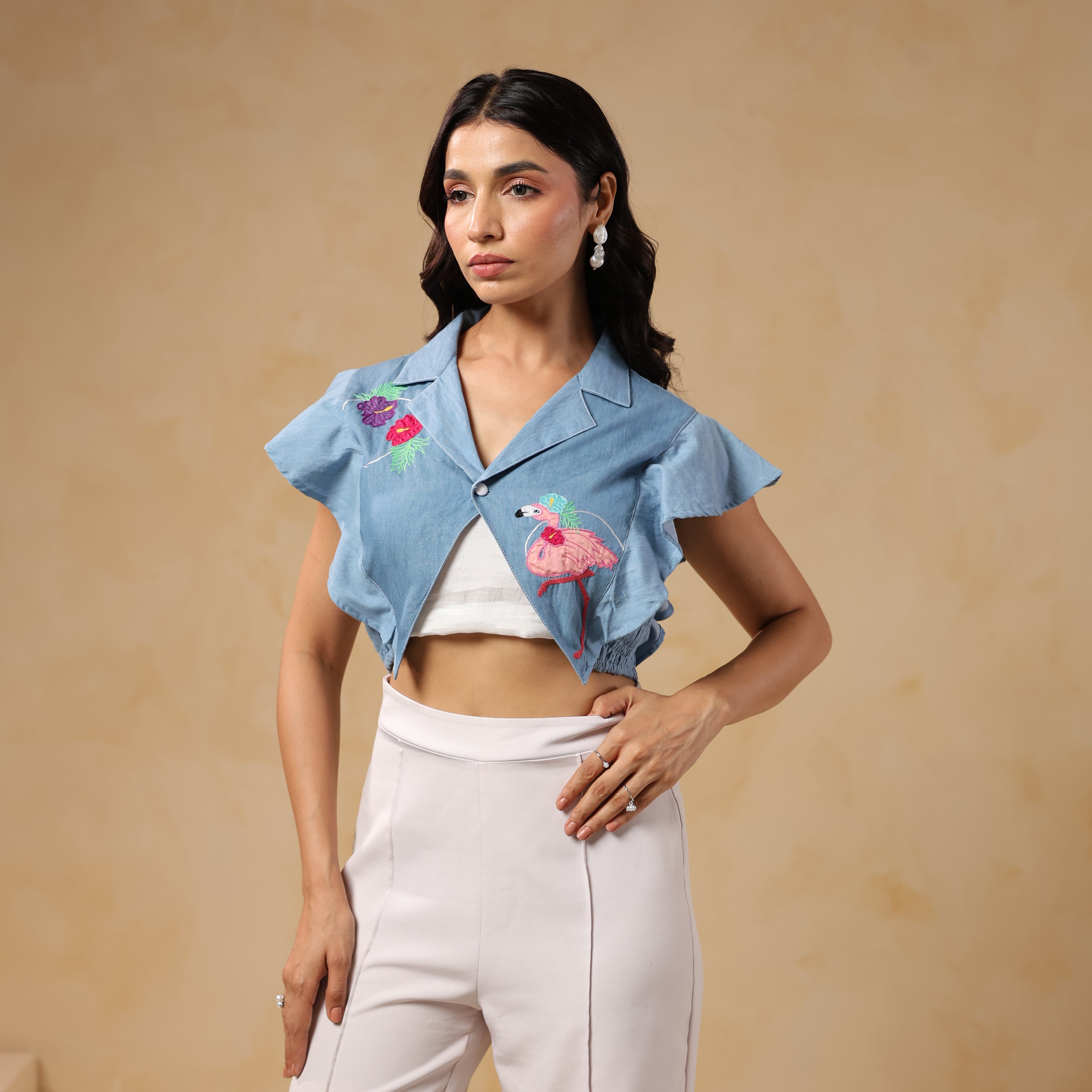 Model wearing Flaminglow Crop Top with flamingo embroidery, front view