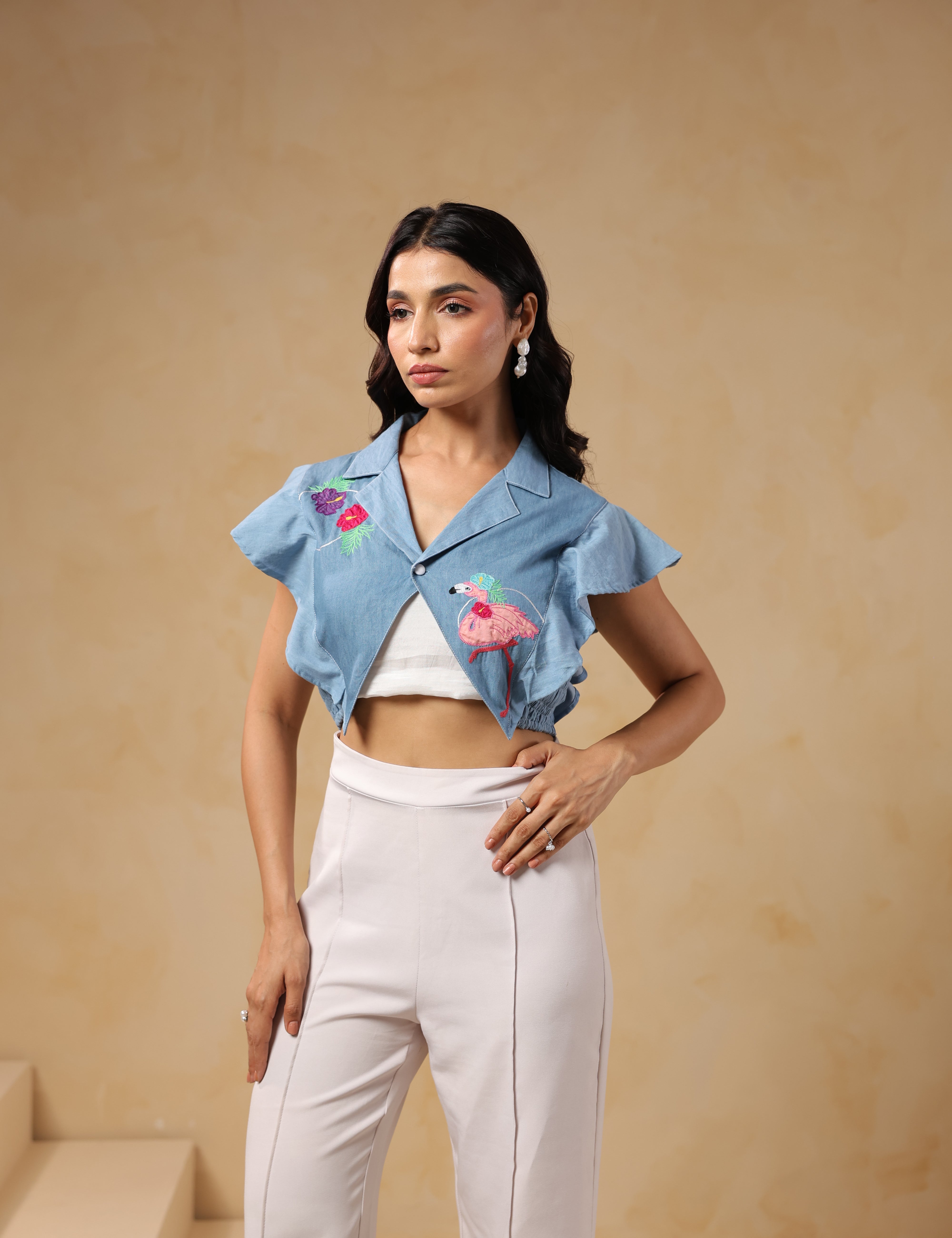 Model wearing Flaminglow Crop Top with flamingo embroidery, front view