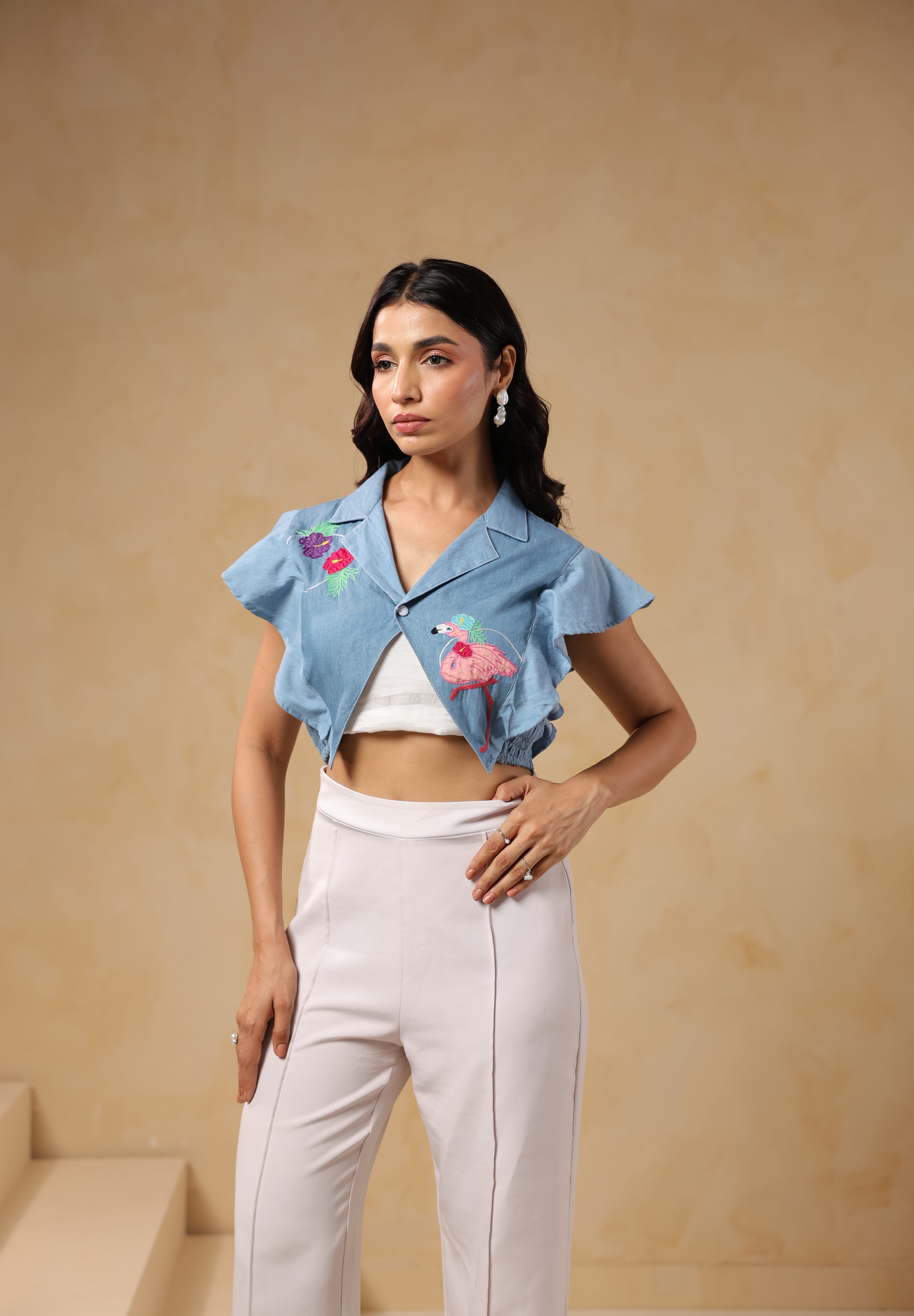 Model wearing Flaminglow Crop Top with flamingo embroidery, front view