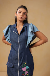 Close-up front shot of Florablock Zip Mini Dress displaying zipper fastening and statement ruffle sleeves