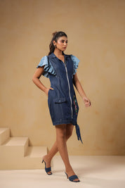 Angled front view of the Florablock Zip Mini Dress showcasing flattering seams and embroidery placement