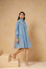 Side profile of Floraverse Tie Neck Dress in lightweight denim