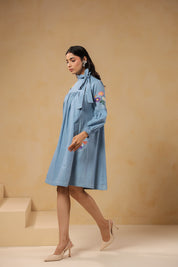 Side profile of Floraverse Tie Neck Dress in lightweight denim