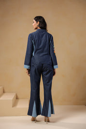 Ridah Geo Flare Coord Set – Back view of denim co-ord with flared trousers and peplum shirt