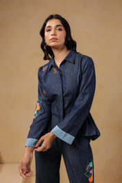 Geo Flare Coord Set – Close-up of denim shirt with floral embroidery and tailored cuffs