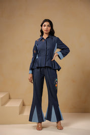 Geo Flare Coord Set – Chic denim co-ord with floral embroidery and geometric panel flare