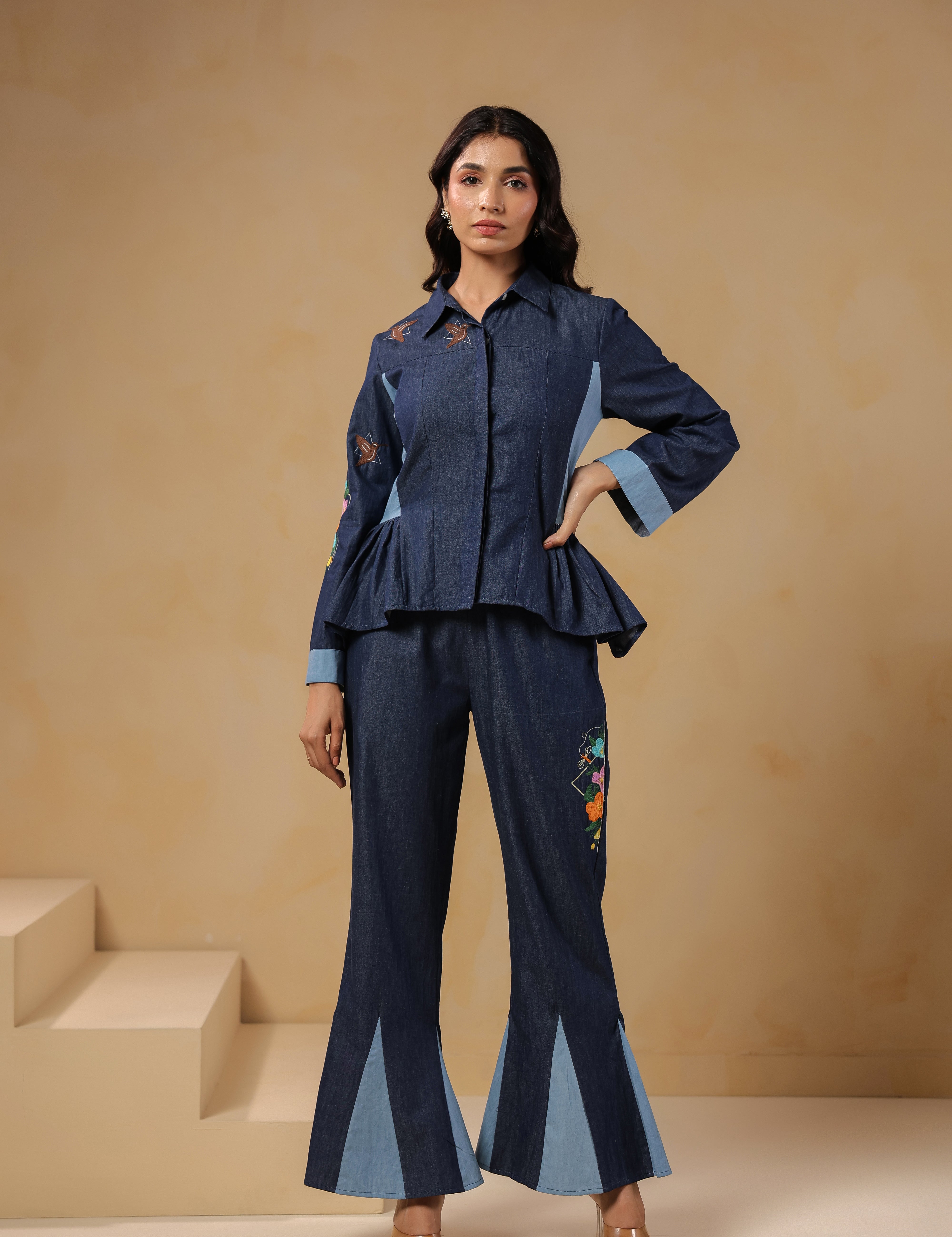 Geo Flare Coord Set – Chic denim co-ord with floral embroidery and geometric panel flare
