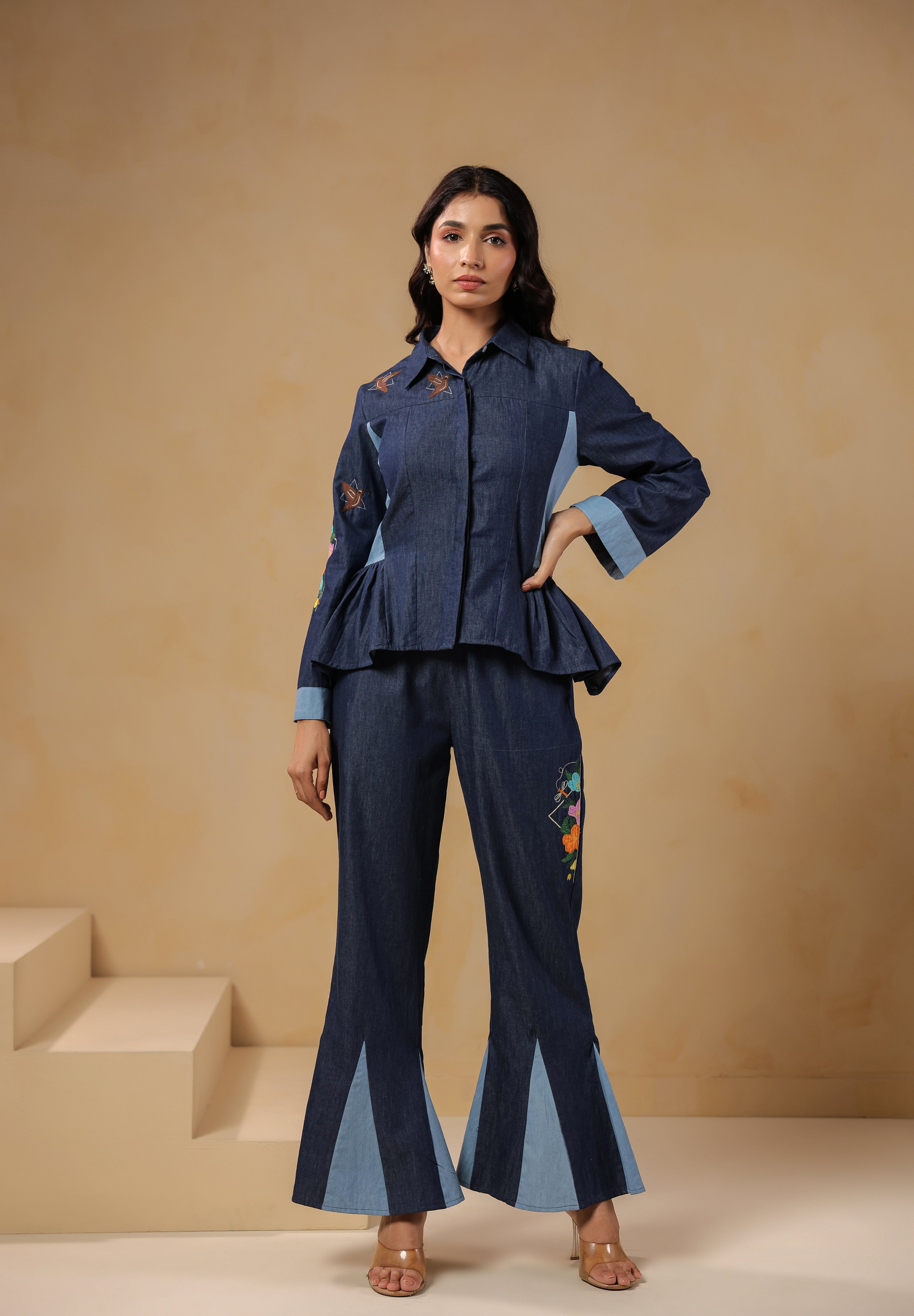 Geo Flare Coord Set – Chic denim co-ord with floral embroidery and geometric panel flare