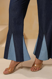 Ridah Geo Flare Coord Set – Two-tone denim flare hem detail of trousers