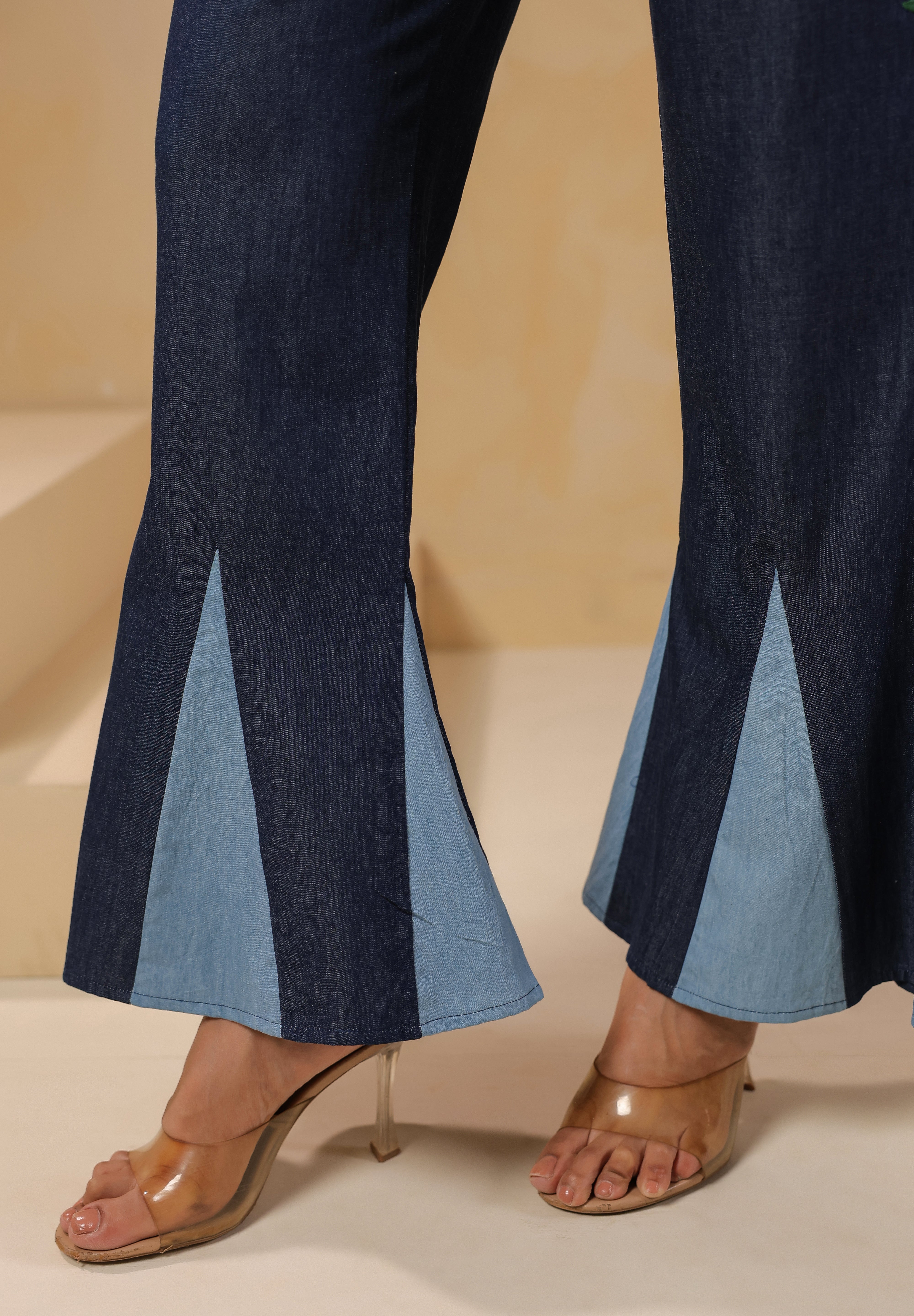Ridah Geo Flare Coord Set – Two-tone denim flare hem detail of trousers