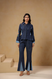 Ridah Geo Flare Coord Set – Classic collared denim top with structured silhouette and embroidered detailing