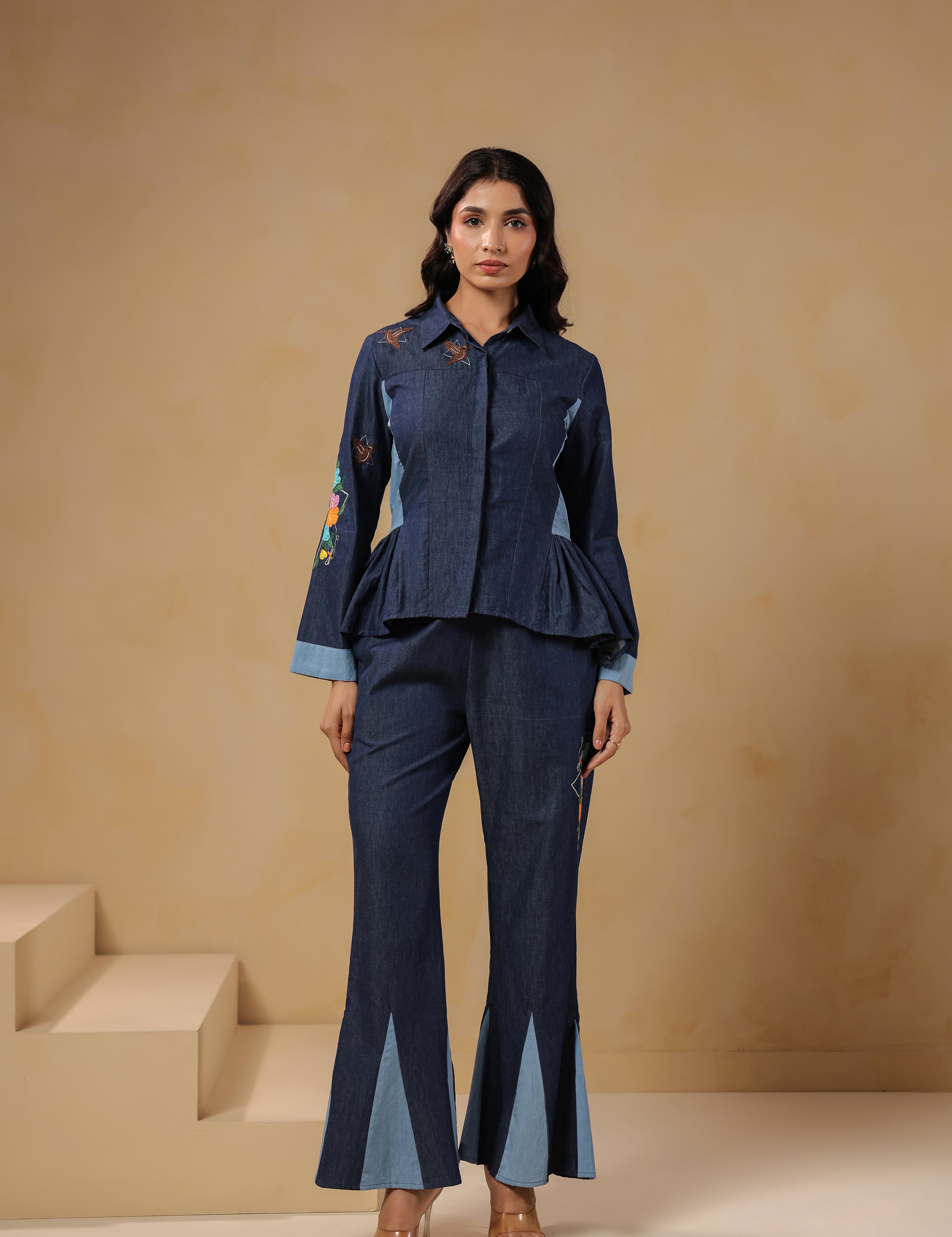 Ridah Geo Flare Coord Set – Classic collared denim top with structured silhouette and embroidered detailing