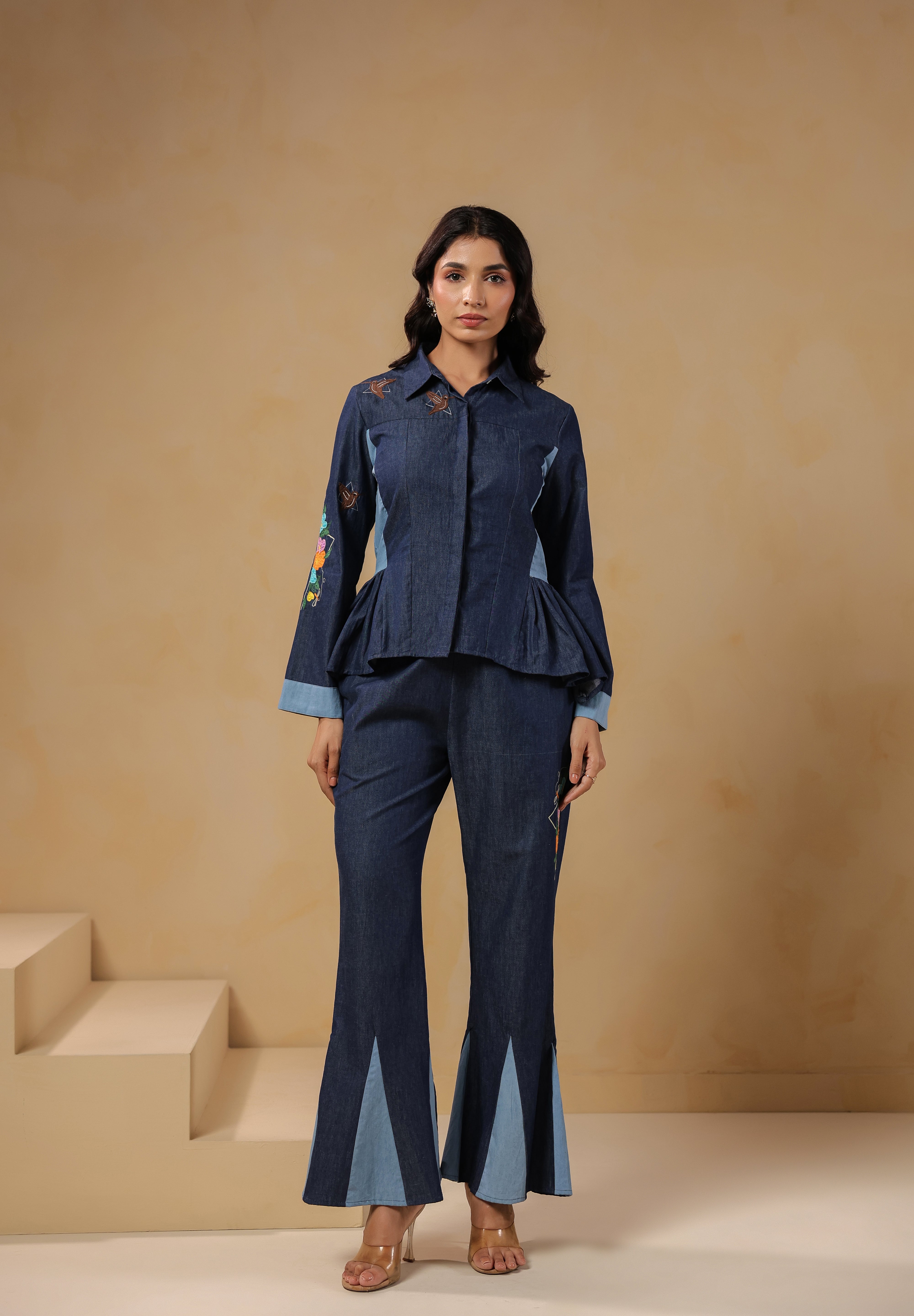 Ridah Geo Flare Coord Set – Classic collared denim top with structured silhouette and embroidered detailing