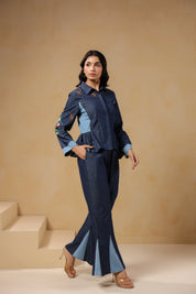 Ridah Geo Flare Coord Set – Classic collared denim top with structured silhouette and embroidered detailing