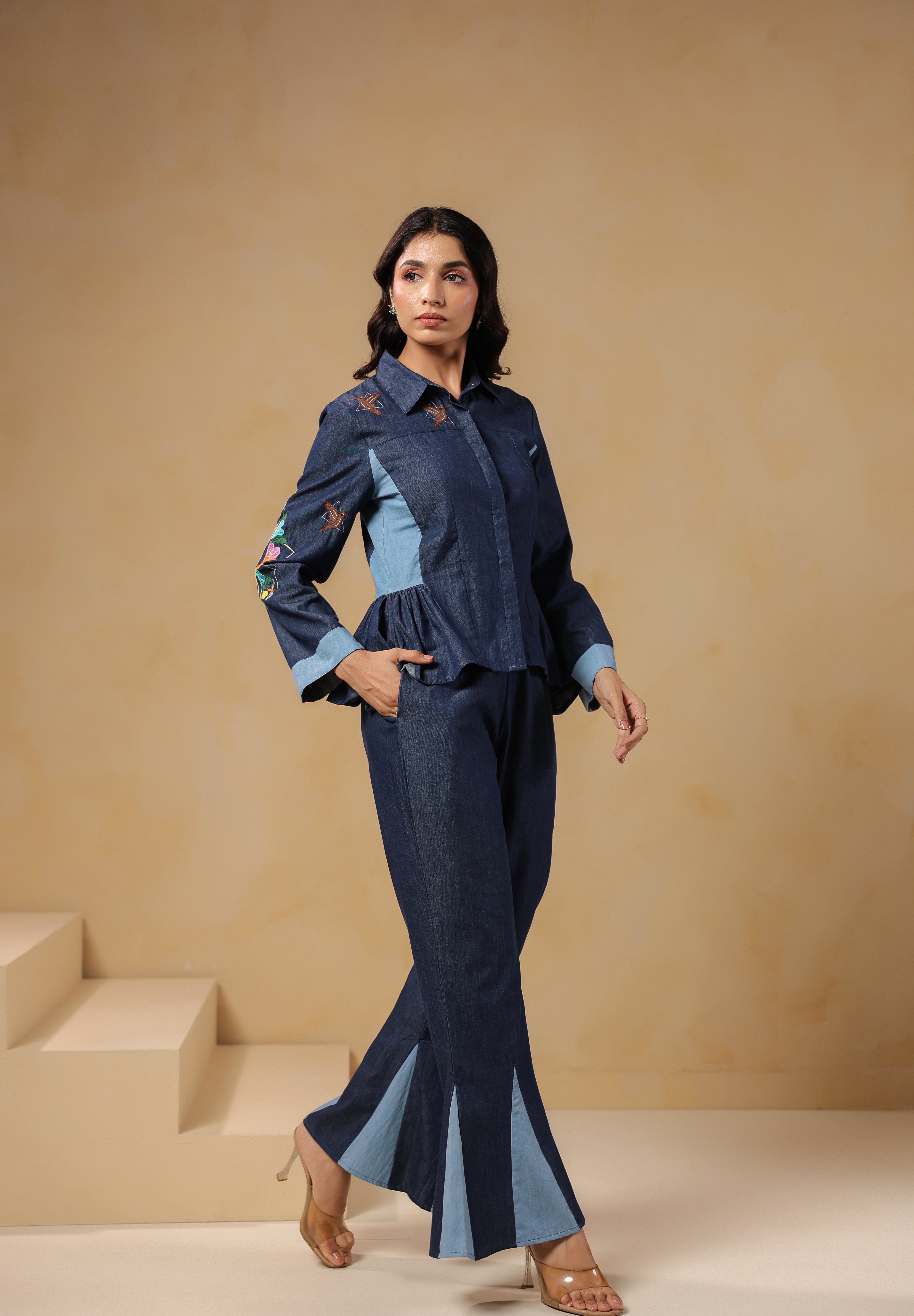 Ridah Geo Flare Coord Set – Classic collared denim top with structured silhouette and embroidered detailing