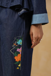 Geo Flare Coord Set – Floral embroidery close-up on denim straight pants